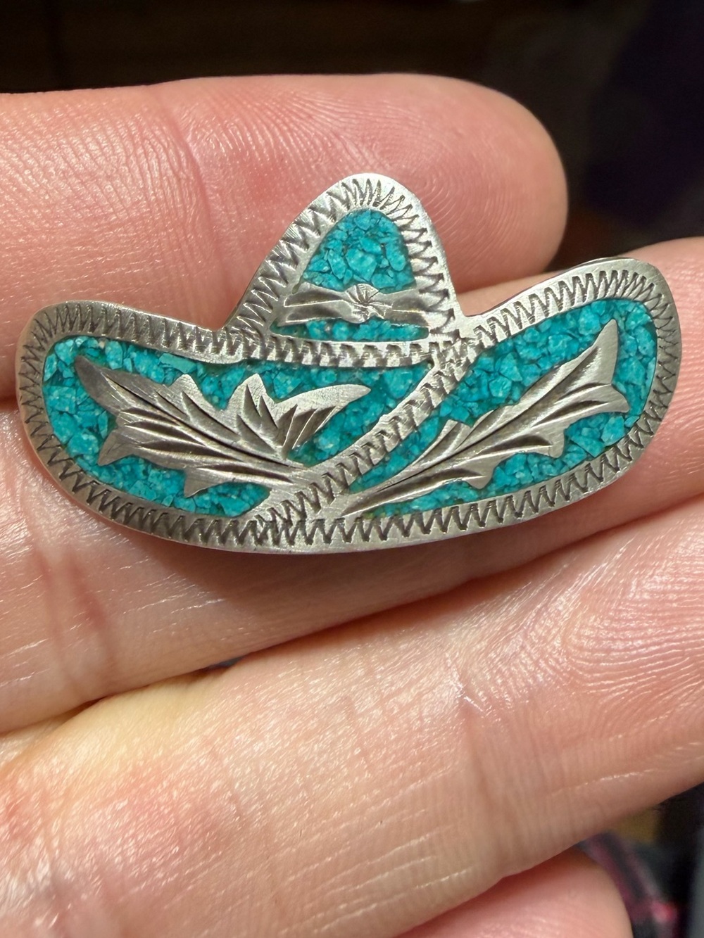 Vintage 925 Sterling Silver Turquoise Inlay Hat Brooch Pendant
